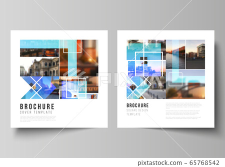 The minimal vector illustration of editable layout of two square format covers design templates for brochure, flyer, magazine. Creative trendy style mockups, blue color trendy design backgrounds. 65768542
