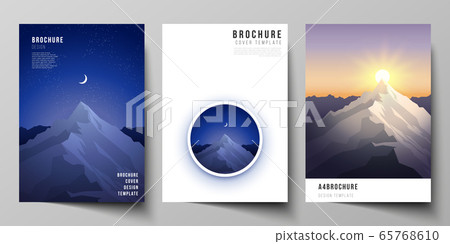 Vector layout of A4 format modern cover mockups design templates for brochure, magazine, flyer, booklet, report. Mountain illustration, outdoor adventure. Travel concept background. Flat design vector Vector layout of A4 format modern cover mockups design templates for brochure, magazine, flyer, booklet, report. Mountain illustration, outdoor adventure. Travel concept background. Flat design vector 65768610
