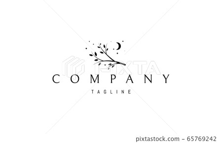 Vector logo on which an abstract image of an elegant tree branch under the moon and stars. Vector logo on which an abstract image of an elegant tree branch under the moon and stars. 65769242
