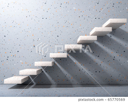 White stone stairs on gray terrazzo wall in modern interior. Business growth, progress and achievement creative concept. Minimalist 3D render 65770569