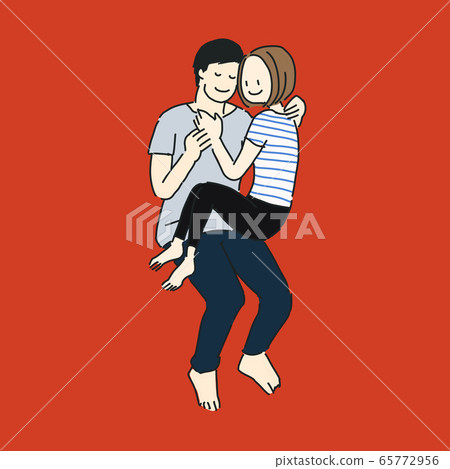 Woman on a knee, holding hands with a man on a red background, (summer clothes) Woman on a knee, holding hands with a man on a red background, (summer clothes) 65772956