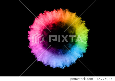 abstract colored dust explosion on a black background.abstract powder splatted background,Freeze motion of color powder exploding/throwing color powder, multicolored glitter texture. 65773027