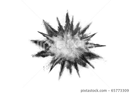 Particles of charcoal on white background,abstract powder splatted on white background,Freeze motion of black powder exploding or throwing black powder. 65773309