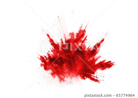 Freeze motion of red powder exploding, isolated on white background. Abstract design of red dust cloud. Particles explosion screen saver, wallpaper 65774964