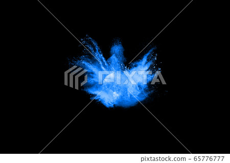 Blue powder explosion on black background. Colored cloud. Colorful dust explode. Paint Holi. 65776777