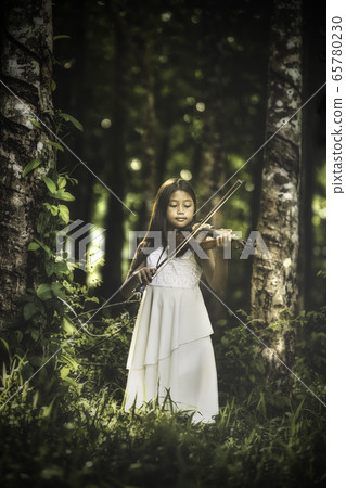 A portrait of a cute, elementary school girl with long Asian hair wearing a white evening dress enjoying a violin playing in the forest. A portrait of a cute, elementary school girl with long Asian hair wearing a white evening dress enjoying a violin playing in the forest. 65780230
