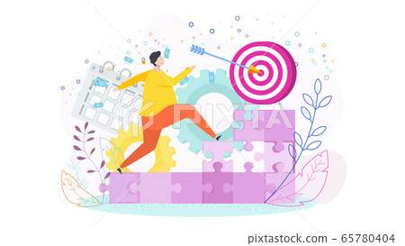 Man runs up the puzzle ladder of success to the goal. T Man runs up the puzzle ladder of success to the goal. T 65780404