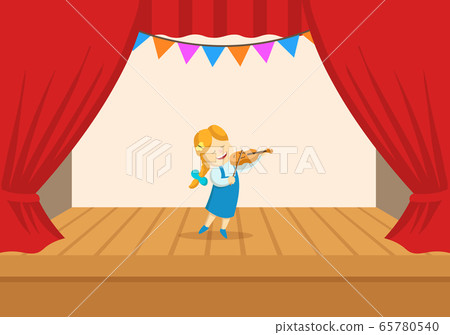 Little girl with violin on the stage of the theater. The play in the kindergarten. Flat vector illustration, isolated on white background. Little girl with violin on the stage of the theater. The play in the kindergarten. Flat vector illustration, isolated on white background. 65780540