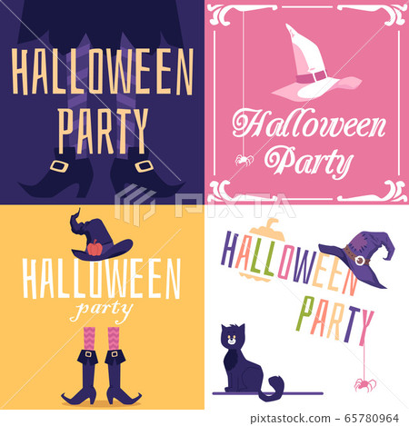 Halloween Party invitation cards set with witch hat, flat vector illustration. Halloween Party invitation cards set with witch hat, flat vector illustration. 65780964