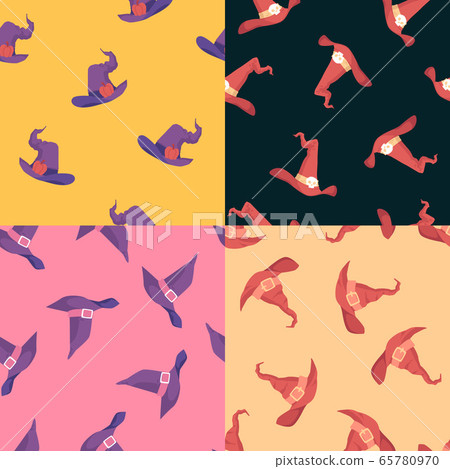 Halloween seamless patterns set with witch hats, flat vector illustration. 65780970