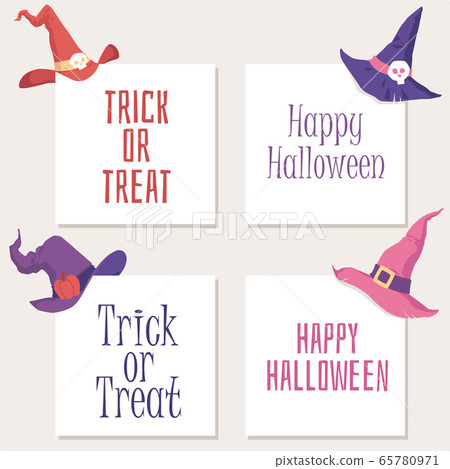 Set of Halloween cards with witch hat and greetings, flat vector illustration. Set of Halloween cards with witch hat and greetings, flat vector illustration. 65780971