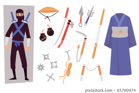 Ninja character with weapon and clothing cartoon vector illustration isolated. 65780974