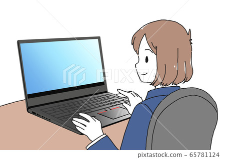 一個女人使用一台個人計算機的插圖 65781124