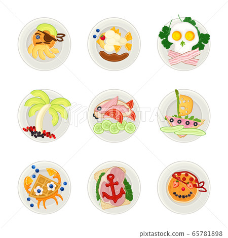Food Arranged in the Shape of Pirate and Fish on Plate Above View Vector Illustration 65781898
