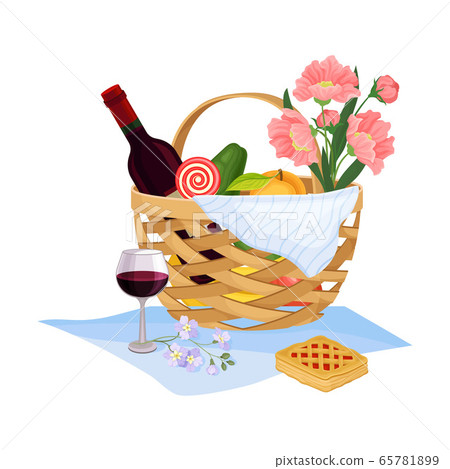 Picnic Wicker Hamper with Foodstuff for Eating Outdoors Vector Illustration Picnic Wicker Hamper with Foodstuff for Eating Outdoors Vector Illustration 65781899