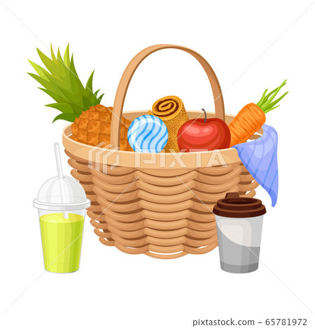 Picnic Wicker Hamper with Foodstuff for Eating Outdoors Vector Illustration Picnic Wicker Hamper with Foodstuff for Eating Outdoors Vector Illustration 65781972