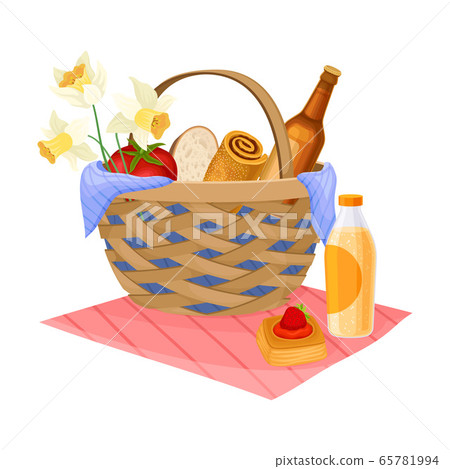 Picnic Wicker Hamper with Foodstuff for Eating Outdoors Vector Illustration Picnic Wicker Hamper with Foodstuff for Eating Outdoors Vector Illustration 65781994