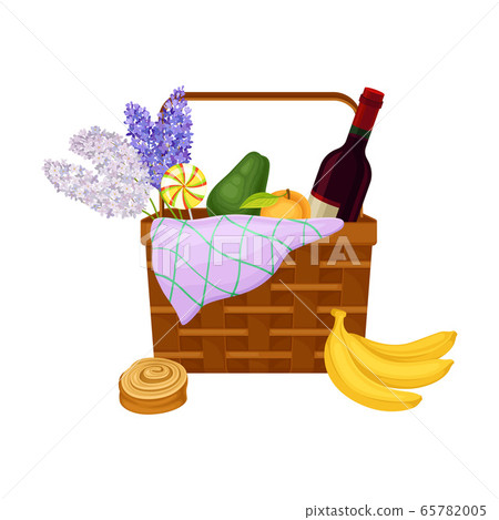 Picnic Wicker Hamper with Foodstuff for Eating Outdoors Vector Illustration 65782005