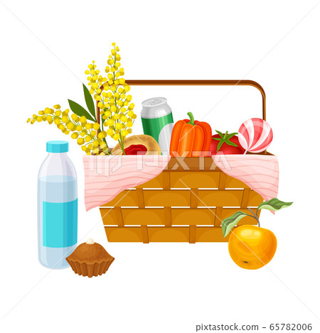 Picnic Wicker Hamper with Foodstuff for Eating Outdoors Vector Illustration Picnic Wicker Hamper with Foodstuff for Eating Outdoors Vector Illustration 65782006