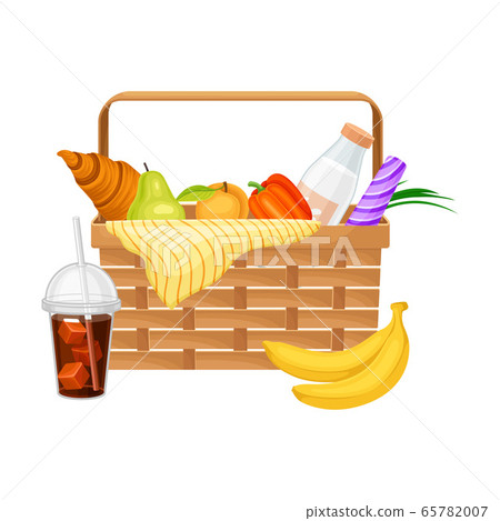 Picnic Wicker Hamper with Foodstuff for Eating Outdoors Vector Illustration 65782007