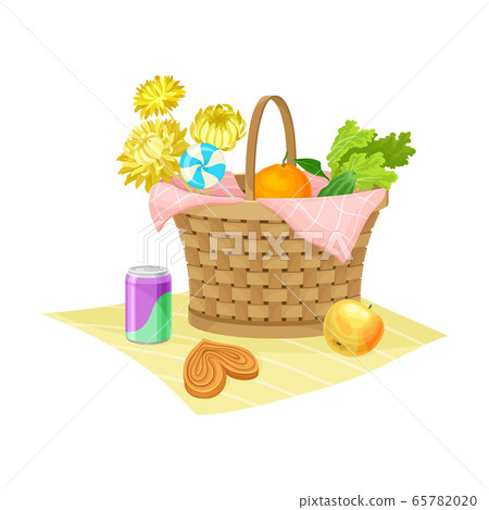 Wicker Picnic Basket or Hamper Full with Foodstuff Rested on Overlay Vector Illustration 65782020