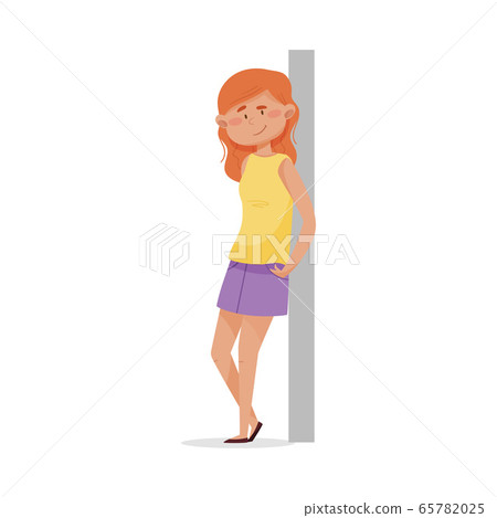 Red-haired Woman with Her Hands in the Pockets Leaning Against the Wall and Smiling Vector Illustration Red-haired Woman with Her Hands in the Pockets Leaning Against the Wall and Smiling Vector Illustration 65782025