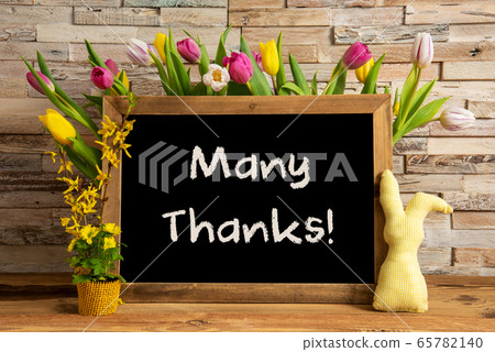 Tulip Flowers, Bunny, Brick Wall, Blackboard, Text 65782140