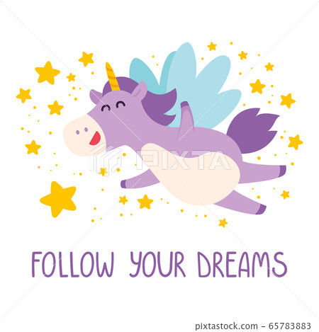 Cute unicorn flies in the starry sky. Follow your dreams card, poster, banner, t-shirt design. Magical purple plump unicorn with violet mane and falling stars. Vector illustration. 65783883