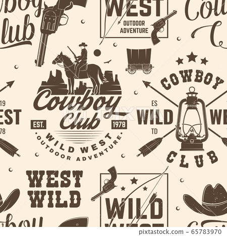 Cowboy club seamless pattern, background. Vector. Seamless pattern design with wild west cowboy, canyon and western rifle silhouette. Cowboy club texture Cowboy club seamless pattern, background. Vector. Seamless pattern design with wild west cowboy, canyon and western rifle silhouette. Cowboy club texture 65783970
