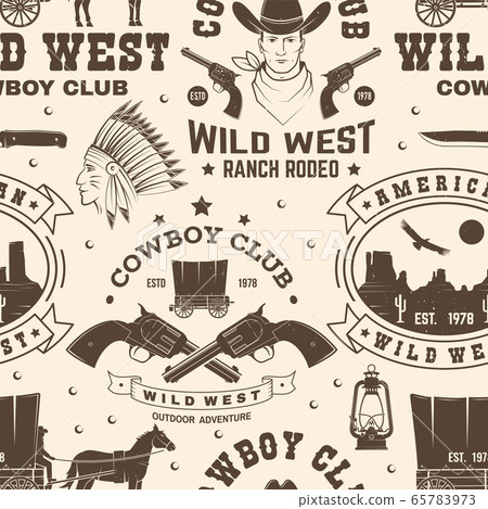 Cowboy club seamless pattern, background. Vector. Seamless pattern design with wild west cowboy, canyon and western rifle silhouette. Cowboy club texture Cowboy club seamless pattern, background. Vector. Seamless pattern design with wild west cowboy, canyon and western rifle silhouette. Cowboy club texture 65783973