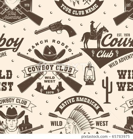 Cowboy club seamless pattern, background. Vector. Seamless pattern design with wild west cowboy, canyon and western rifle silhouette. Cowboy club texture Cowboy club seamless pattern, background. Vector. Seamless pattern design with wild west cowboy, canyon and western rifle silhouette. Cowboy club texture 65783975