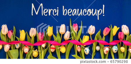 Banner With Colorful Tulip, Merci Beaucoup Means 65790298