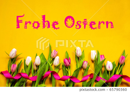 Colorful Tulip, Frohe Ostern Means Happy Easter, 65790360