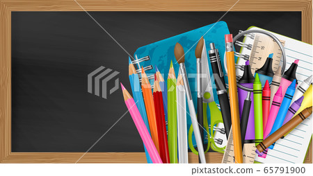 Blackboard with wooden frame and chalk stains. School design with realistic supplies for education - notebook, pencils, brush, pen, ruler, magnifing glass.  65791900