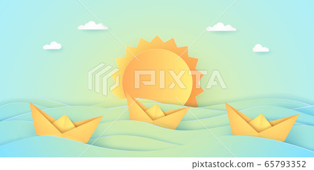 Summer time, sea with origami boat and sun, paper art style Summer time, sea with origami boat and sun, paper art style 65793352