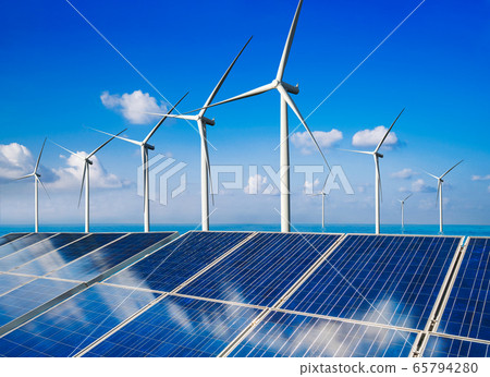 Solar panel and wind turbine farm clean energy. 65794280