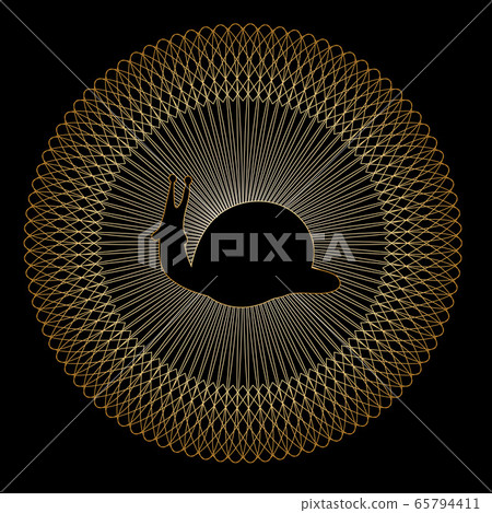 Snail logo in guilloche style. Emblem or medal design of golden snail on a black background Snail logo in guilloche style. Emblem or medal design of golden snail on a black background 65794411
