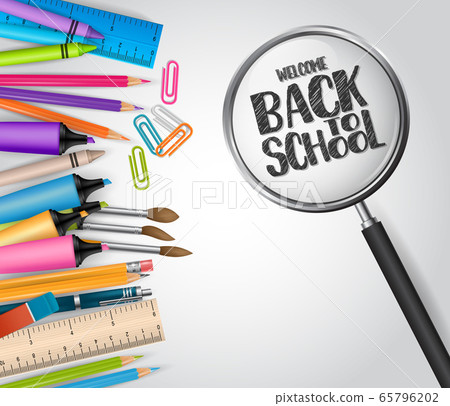 Welcome back to school concept with study supplies - notebook, markers, pencils, ruler, pen, eraser. Welcome back to school concept with study supplies - notebook, markers, pencils, ruler, pen, eraser. 65796202