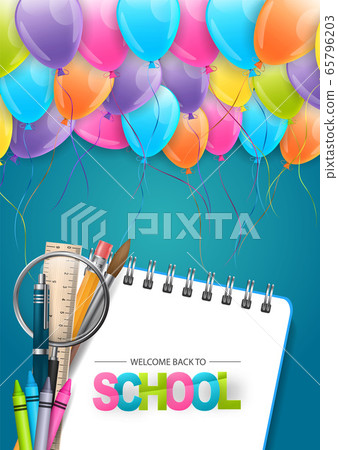 School flyer or poster with colorful flying balloons and study supplies for kids - notebook, calculator, markers, pencils, ruler, pen. School flyer or poster with colorful flying balloons and study supplies for kids - notebook, calculator, markers, pencils, ruler, pen. 65796203