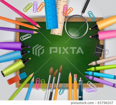 School background with lots of study supplies - a green chalkboard with a wooden frame, realistic pencils, spyglass, brushes, markers, rulers and other elements for education. 65796207