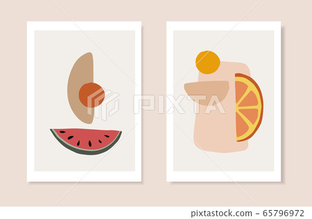 Set of summer artistic greeting cards, invitations. Cut watermelon, orange citrus fruit and abstract geometric shapes. Modern minimalist vector drawing, web banners. Exotic posters, wall art, brochure Set of summer artistic greeting cards, invitations. Cut watermelon, orange citrus fruit and abstract geometric shapes. Modern minimalist vector drawing, web banners. Exotic posters, wall art, brochure 65796972