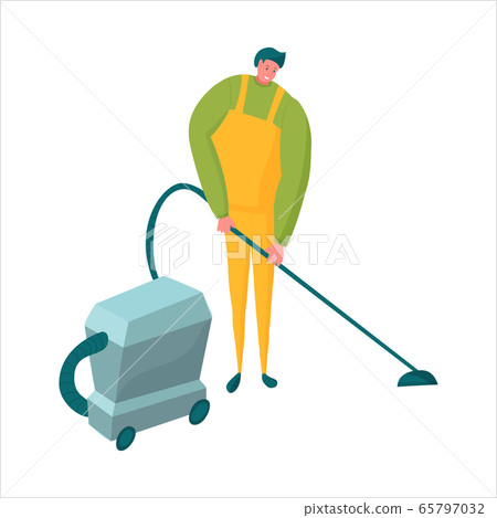 Cleaning service worker with vacuum cleaner doing his job. Cleaning service worker with vacuum cleaner doing his job. 65797032