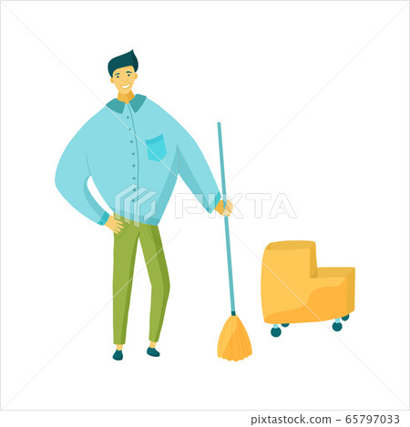 Cleaning service worker with mop and janitorial cart Cleaning service worker with mop and janitorial cart 65797033