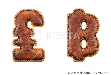 Set of symbols lira and baht made of leather. 3D render font with skin texture isolated on white background. Set of symbols lira and baht made of leather. 3D render font with skin texture isolated on white background. 65797035