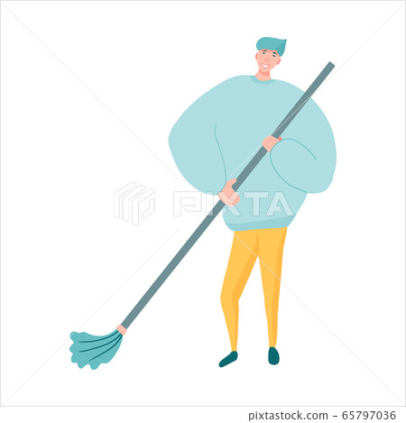 Cleaning service worker happily mopping the floor Cleaning service worker happily mopping the floor 65797036