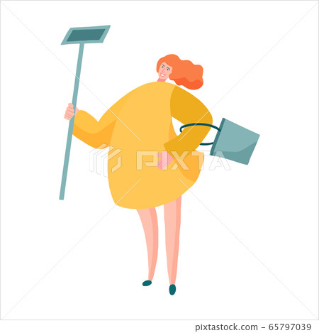 Cleaning service lady with bucket and mop in yellow dress 65797039