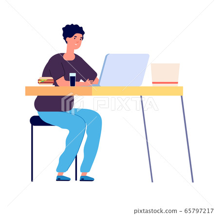 Online study. Distance learning, student watching in laptop. Internet surfing or online chatting with food and drink. Isolation period vector illustration Online study. Distance learning, student watching in laptop. Internet surfing or online chatting with food and drink. Isolation period vector illustration 65797217