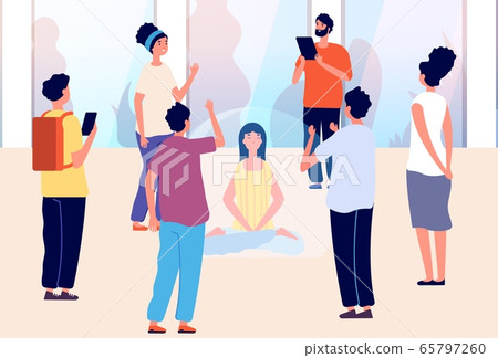 Isolated woman. Introvert vs extravert, mental calm and meditation. Girl in bubble and people around. Separation from social environment vector illustration Isolated woman. Introvert vs extravert, mental calm and meditation. Girl in bubble and people around. Separation from social environment vector illustration 65797260
