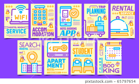 Hotel Room Service Creative Posters Set Vector 65797654