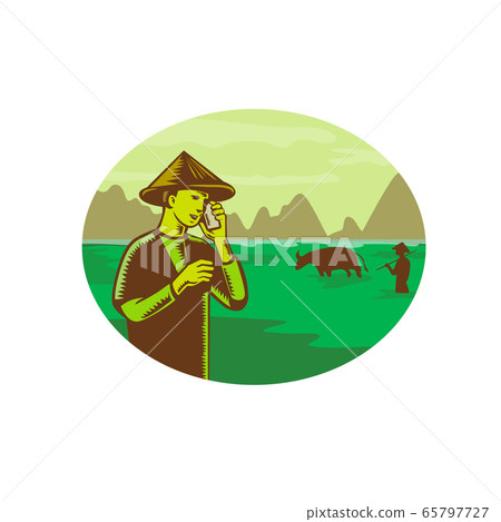 Vietnamese Farmer on Mobile Phone Woodcut 65797727